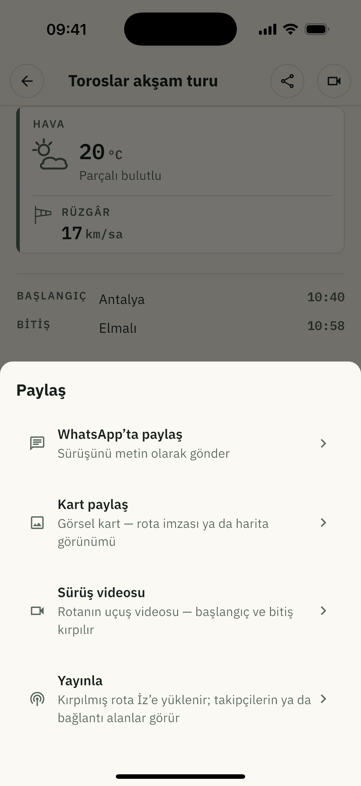 Teilen-Ansicht: über WhatsApp teilen, Karte teilen, Fahrtvideo und Veröffentlichen.