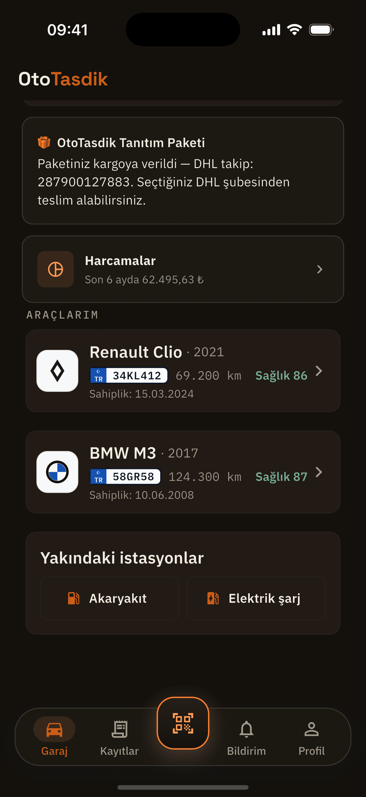 OtoTasdik vehicle list — two cars, marque emblems, plates, odometer readings and health scores.