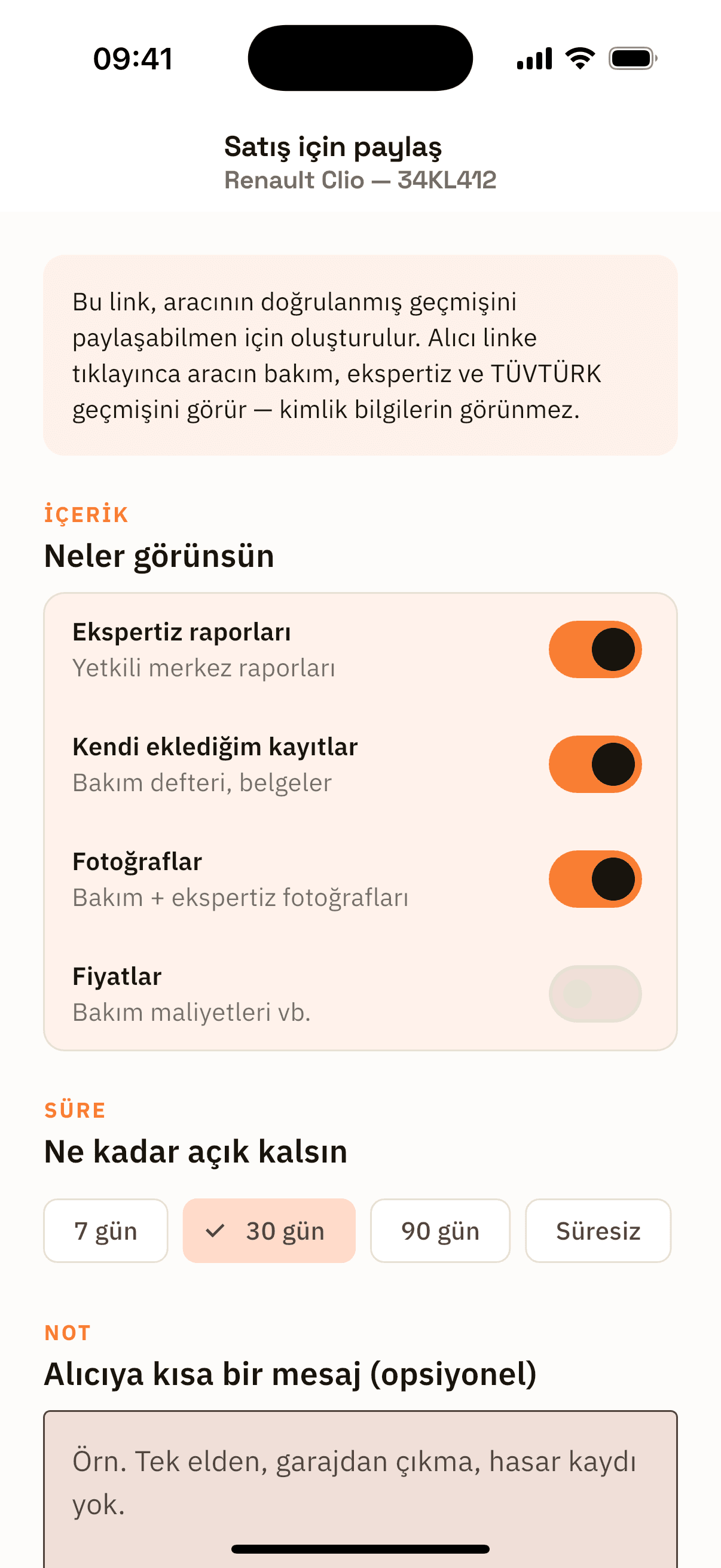 OtoTasdik resale sharing form — the switches that decide what the buyer sees.