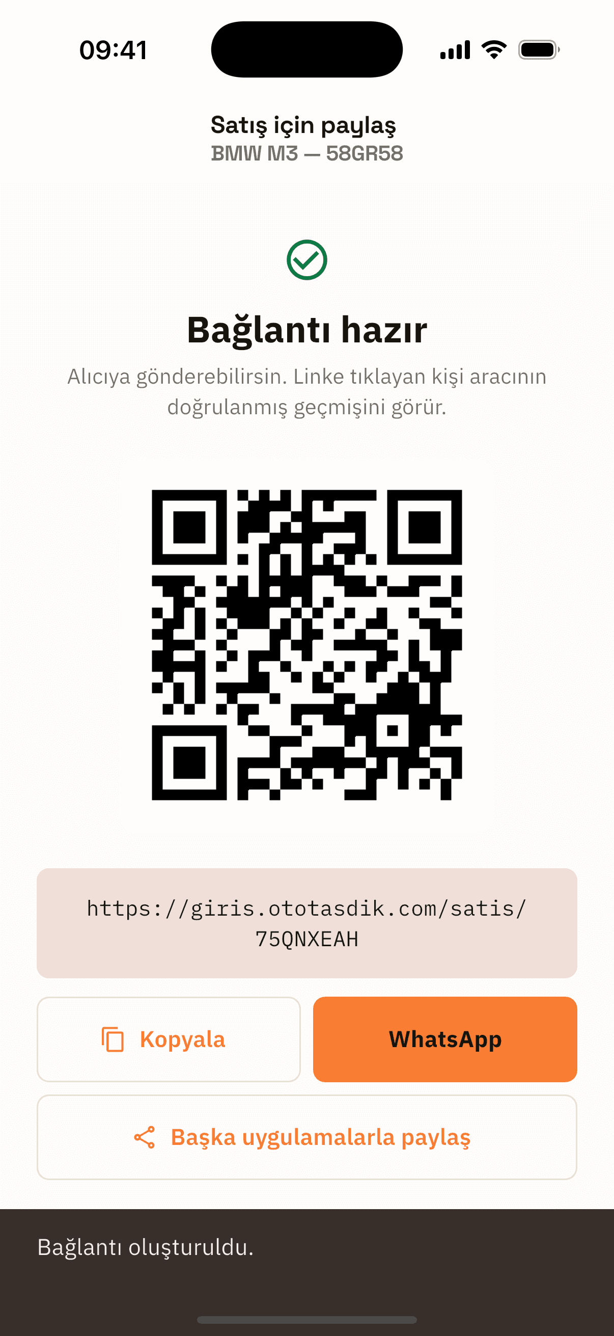 OtoTasdik Verkaufsfreigabe — fertiger Link, QR-Code und WhatsApp-Option.