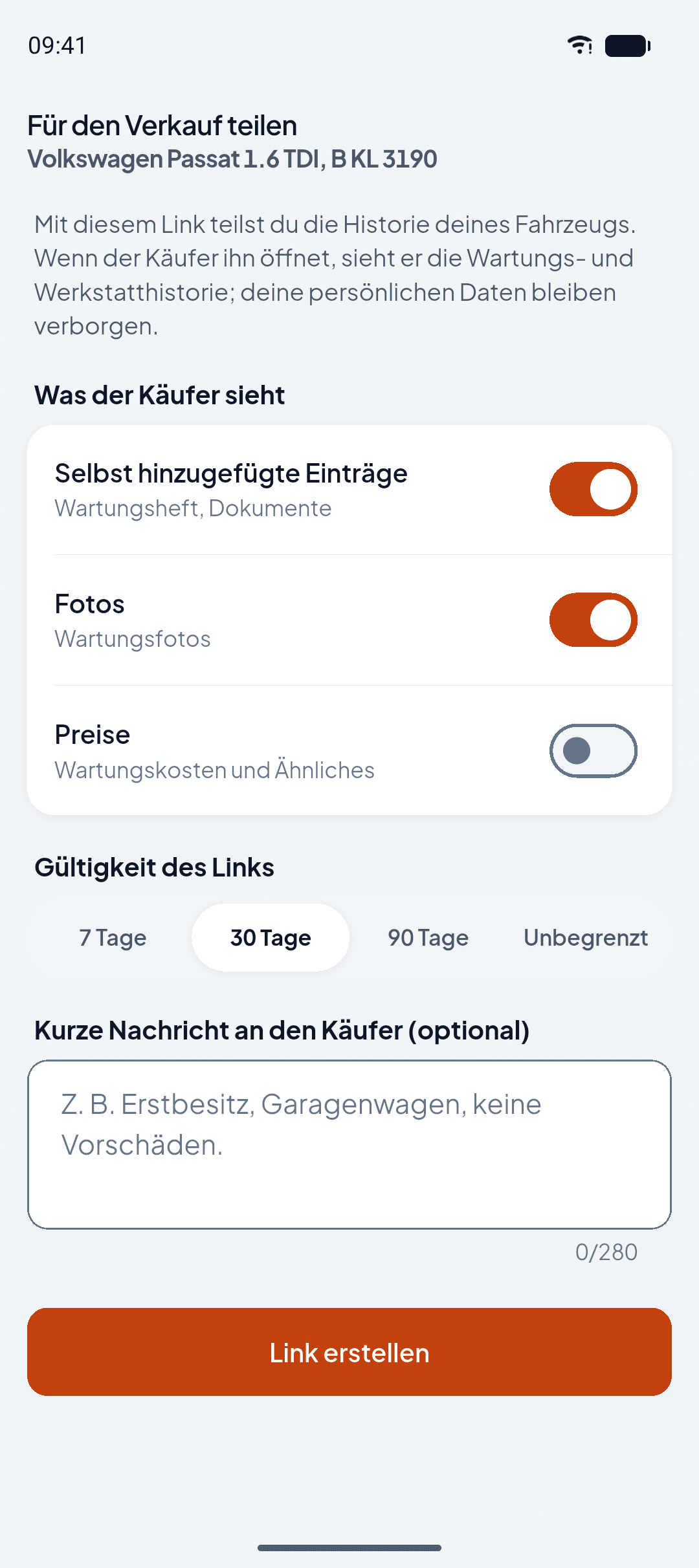 OtoTasdik Formular zur Verkaufsfreigabe: Schalter für das, was der Käufer sieht, die Laufzeit des Links und die Schaltfläche, die den Link erstellt.