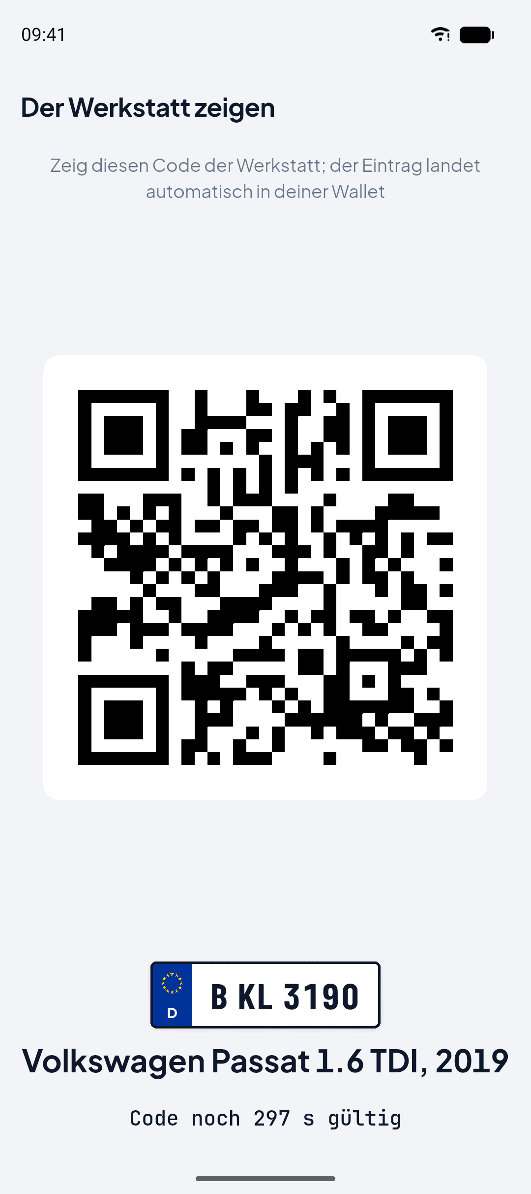 OtoTasdik Ansicht „Der Werkstatt zeigen“: der QR-Code, den die Werkstatt scannt, Kennzeichen und Fahrzeug und wie lange der Code gilt.