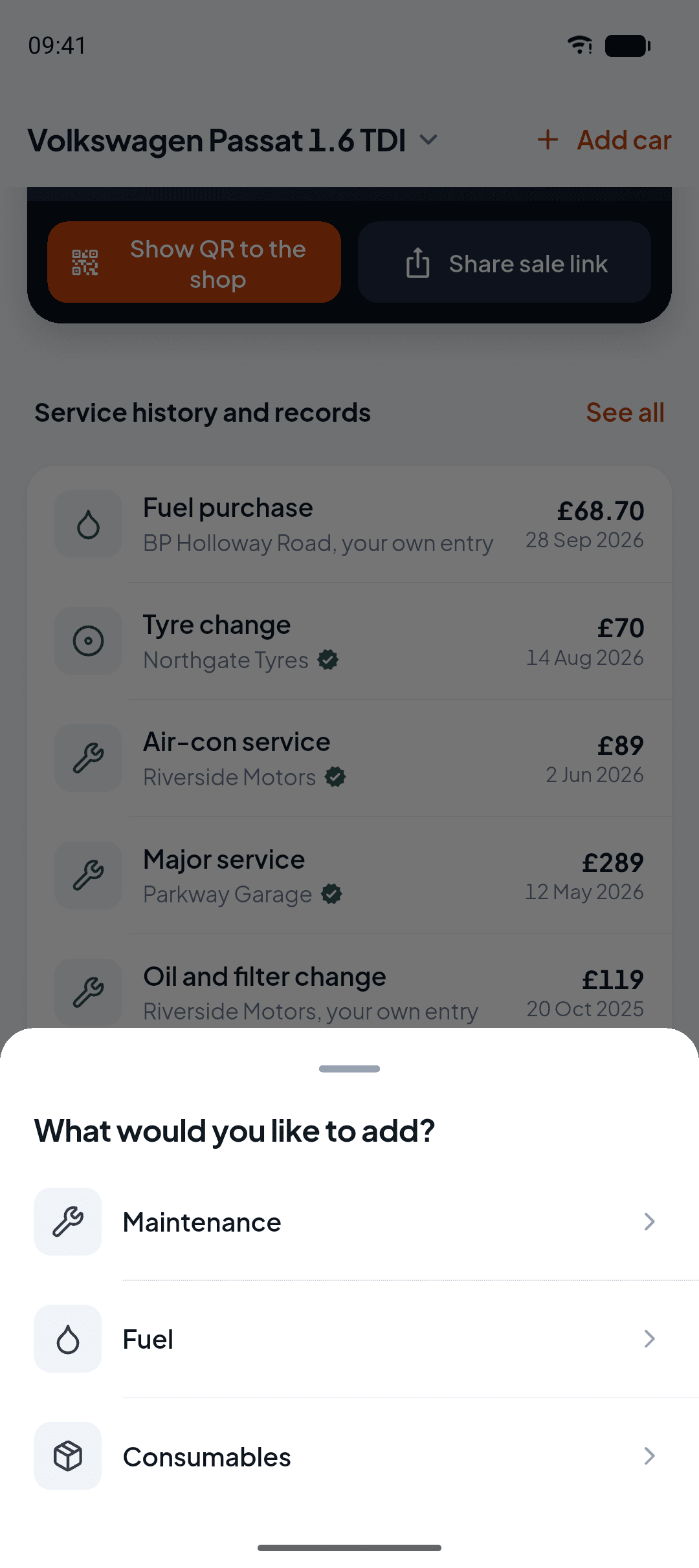 OtoTasdik add-record menu: maintenance, fuel, consumables, a fine or an accident.