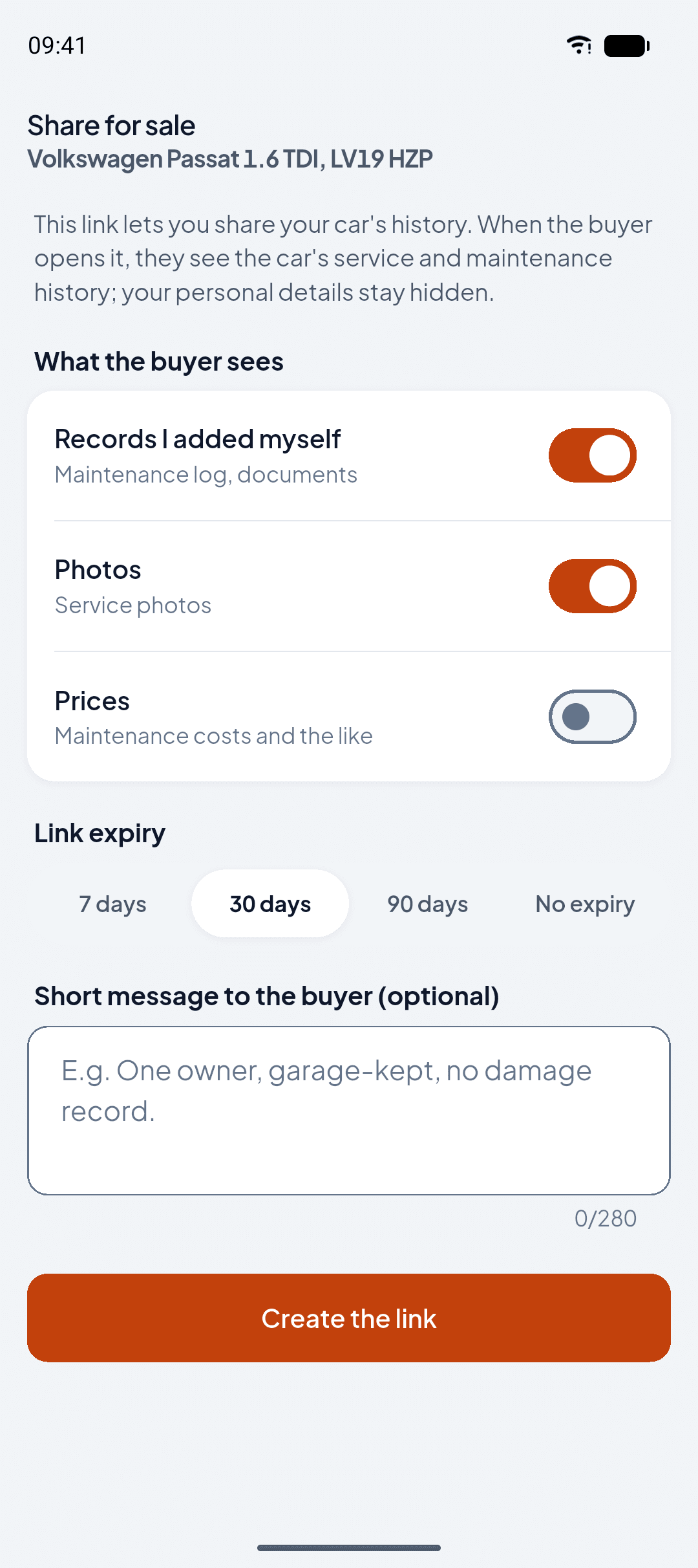 OtoTasdik resale sharing form: switches for what the buyer sees, how long the link stays open and the button that creates the link.