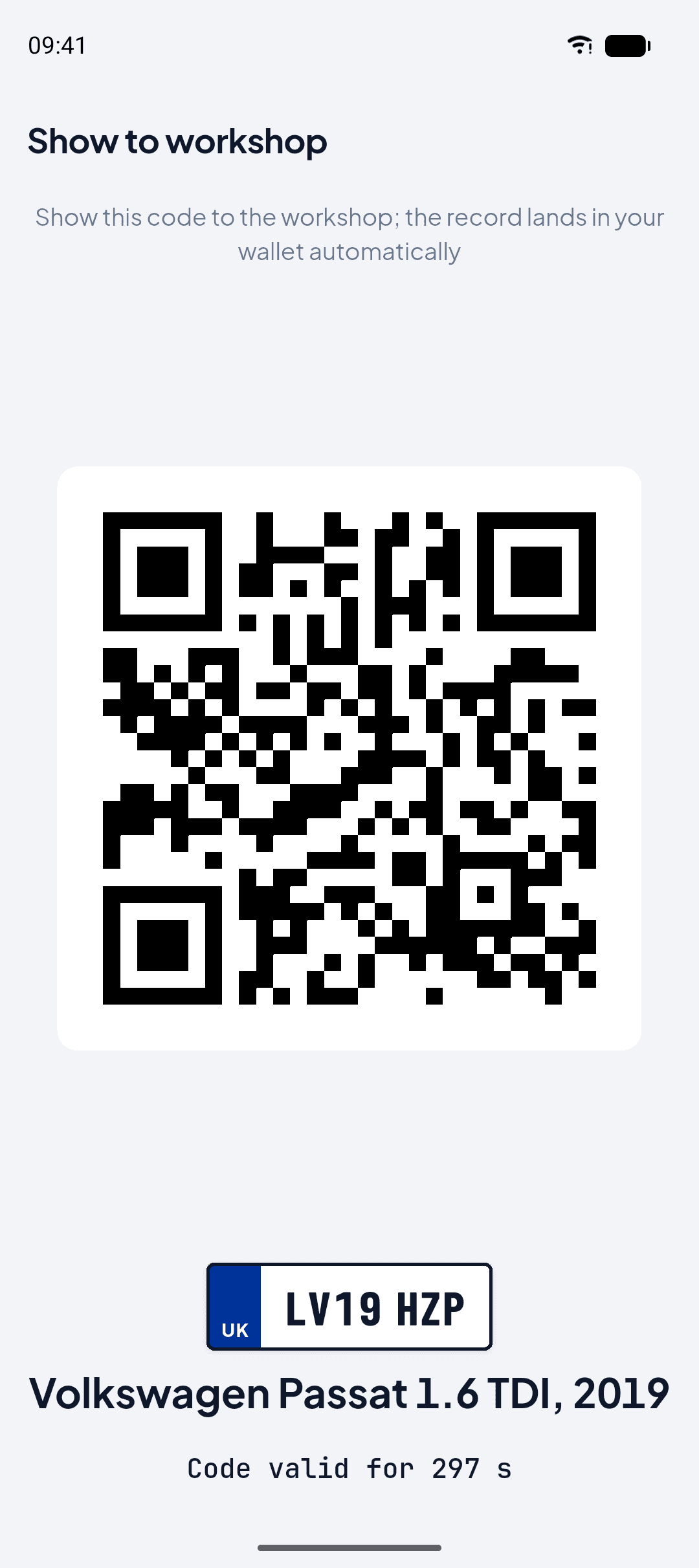 OtoTasdik Show to workshop screen: the QR code the workshop scans, the plate and the car, and how long the code stays valid.