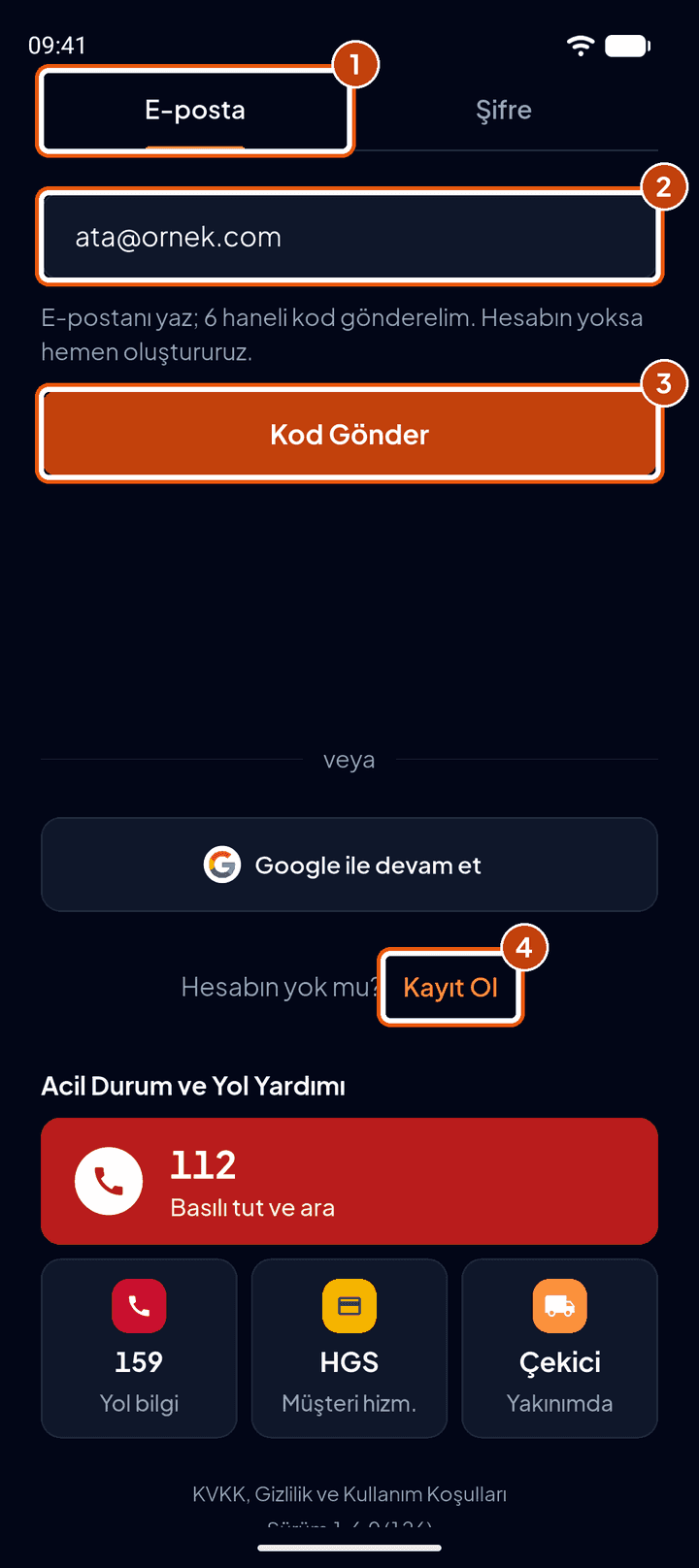 Giriş ekranı, E-posta sekmesi