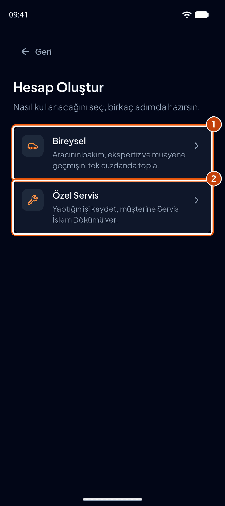 Hesap türü seçimi