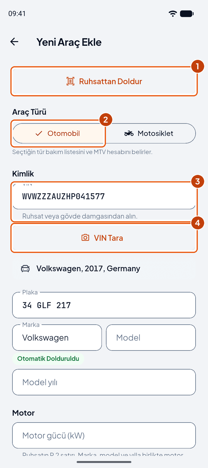 Yeni araç ekle, kimlik bilgileri