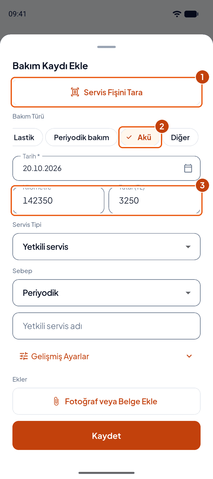 Bakım kaydı, üst bölüm