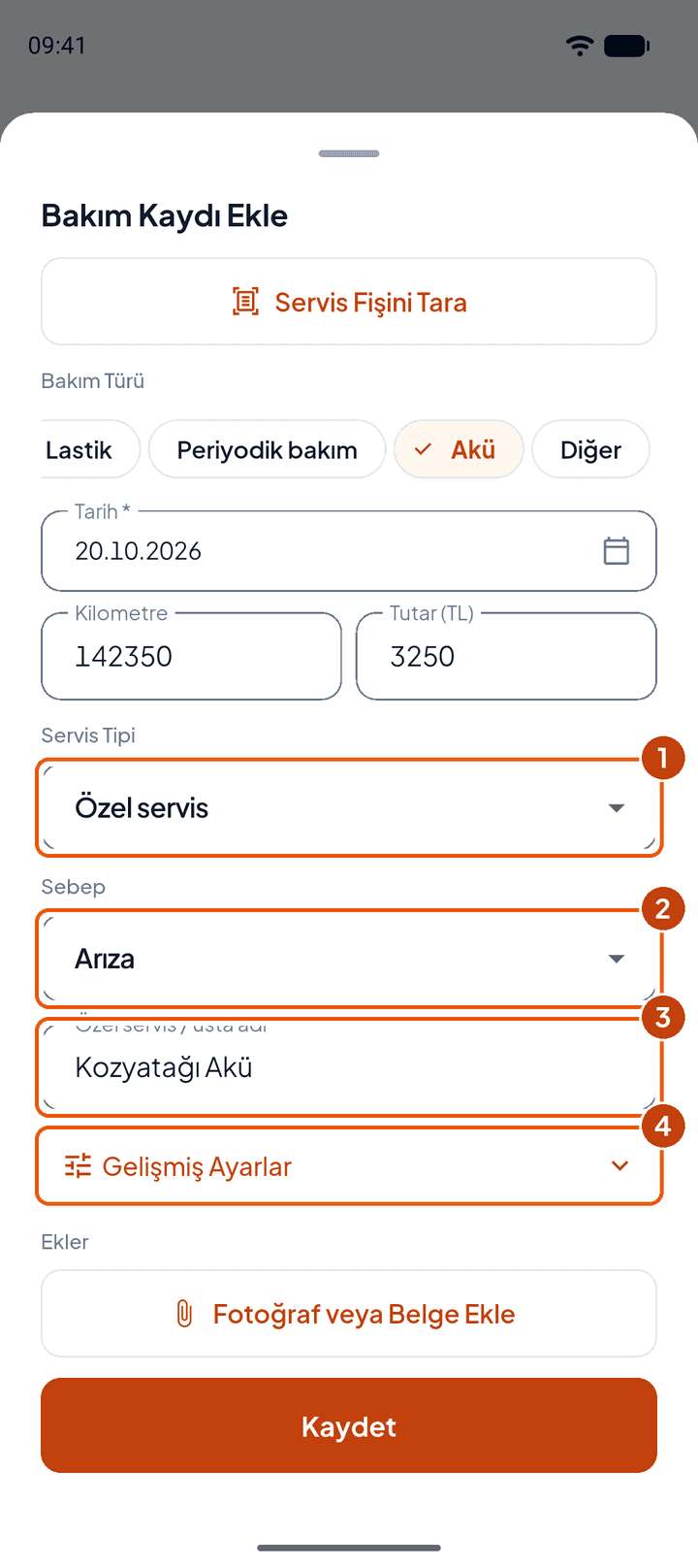 Bakım kaydı, servis ve sebep