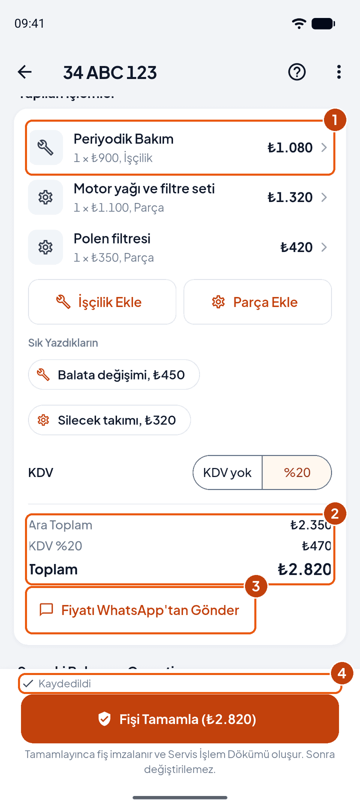 Fişteki işler ve toplam