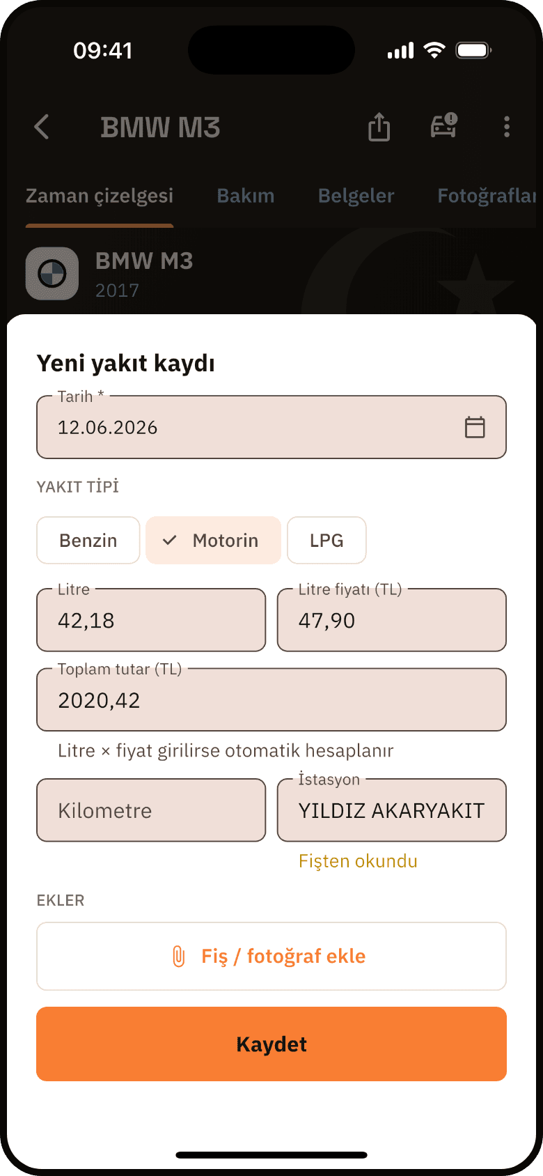 OtoTasdik yakıt kaydı ekranı — fişten okunan litre ve tutar