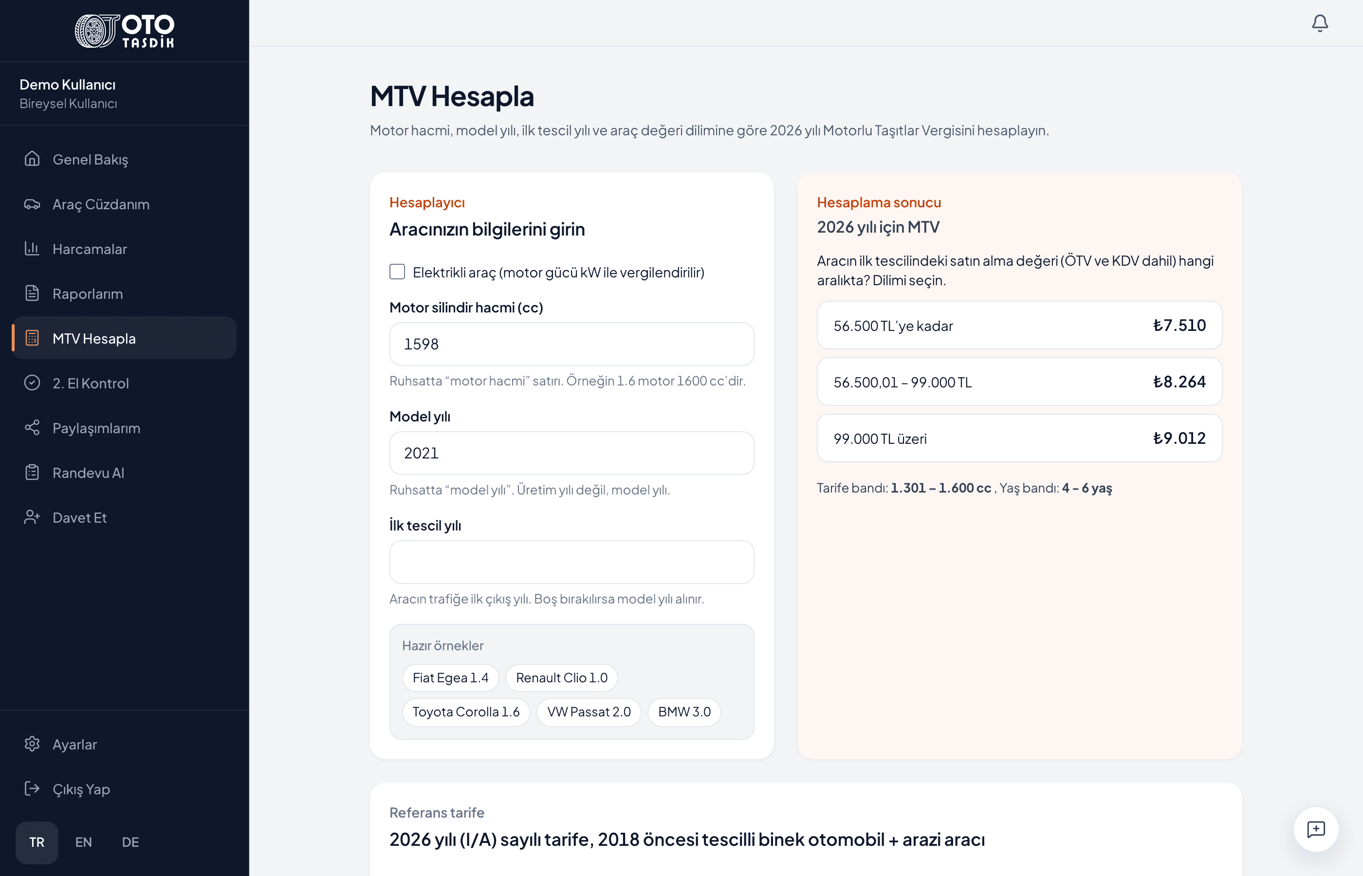 MTV hesaplama aracı: motor hacmi, model yılı ve ilk tescil alanları; 2026 tarifesine göre sonuç.