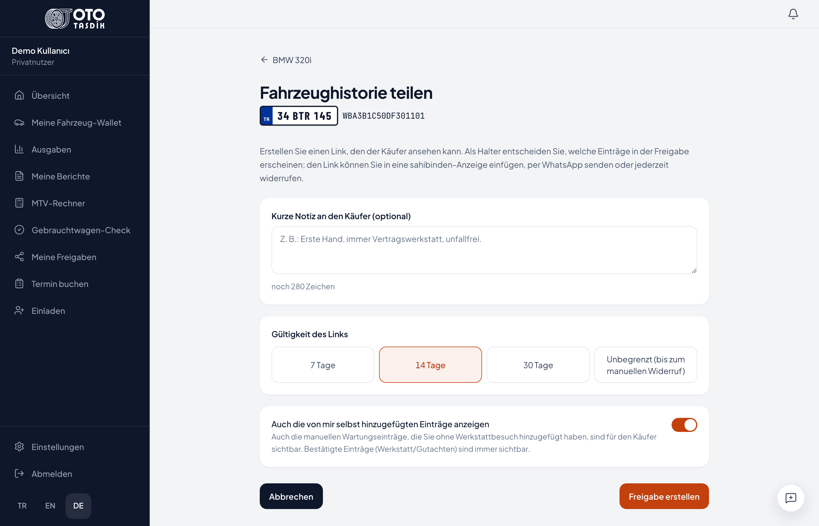 Verkaufsfreigabe: Notiz für den Käufer, Gültigkeit des Links (7, 14 oder 30 Tage oder unbegrenzt) und Schalter für Ihre eigenen Einträge.
