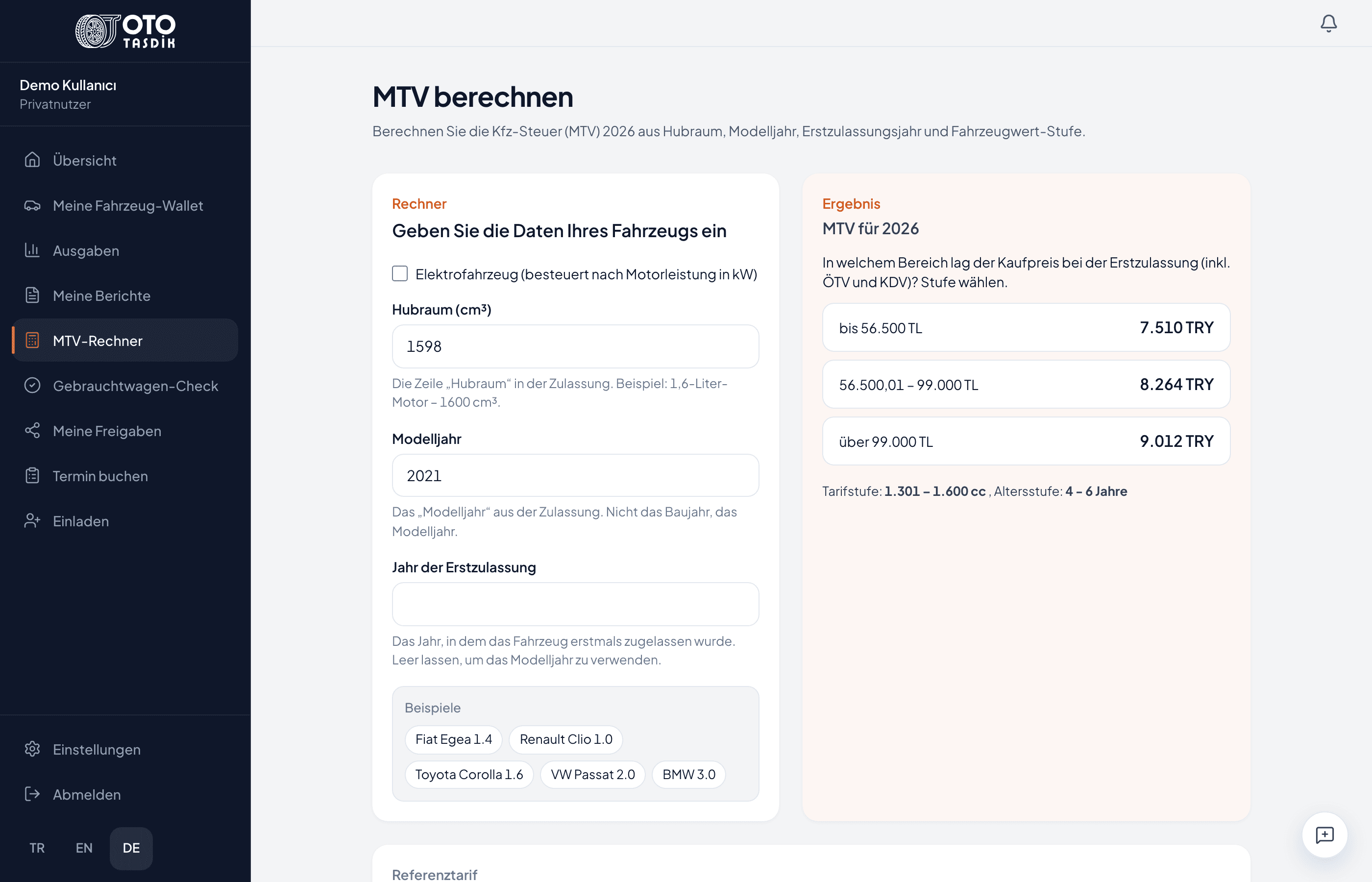 MTV-Rechner: Hubraum, Modelljahr und Erstzulassung, mit dem Ergebnis für 2026.