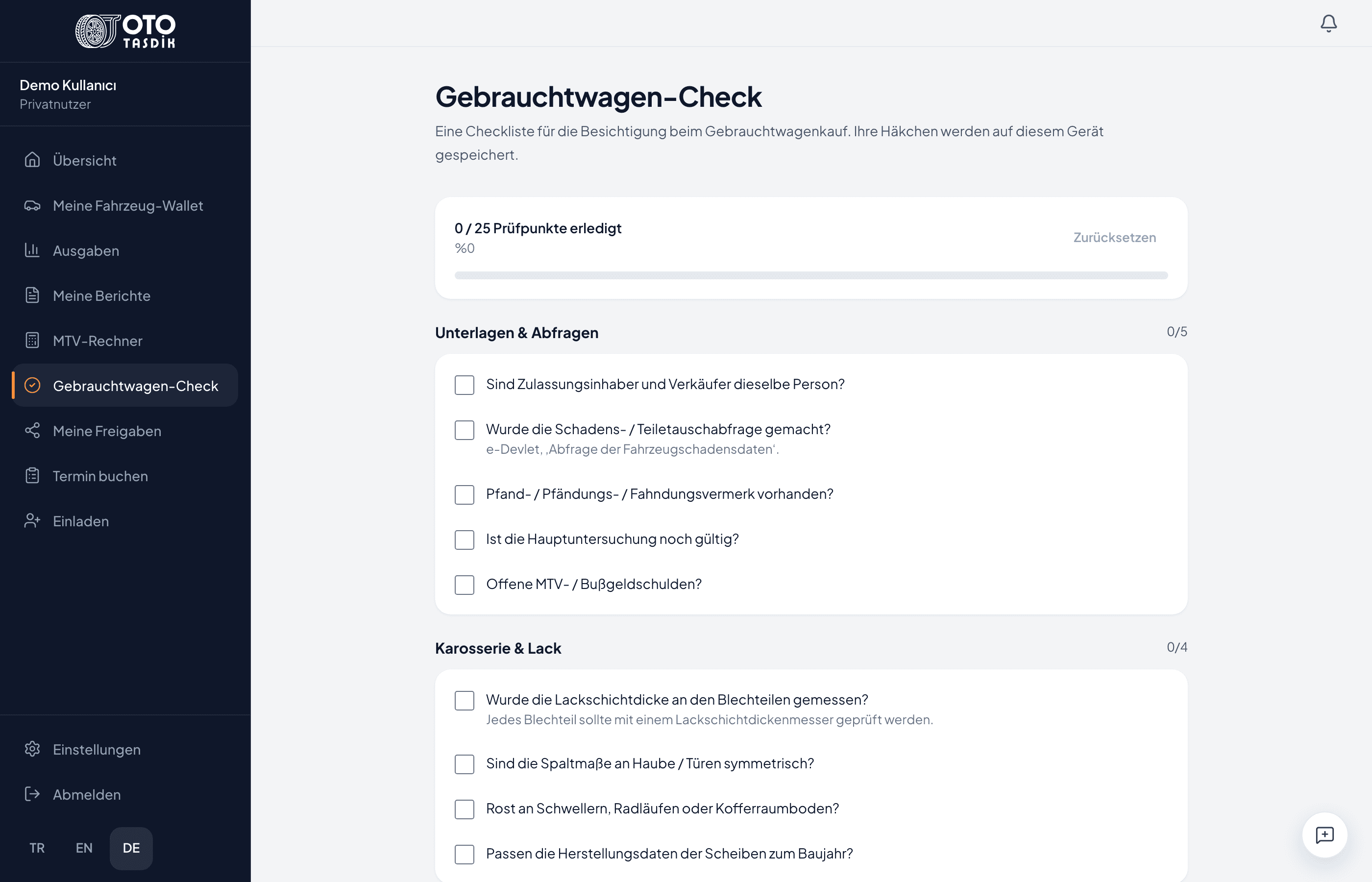 Gebrauchtwagen-Check: abhakbare Liste zu Unterlagen und Abfragen sowie Karosserie und Lack.