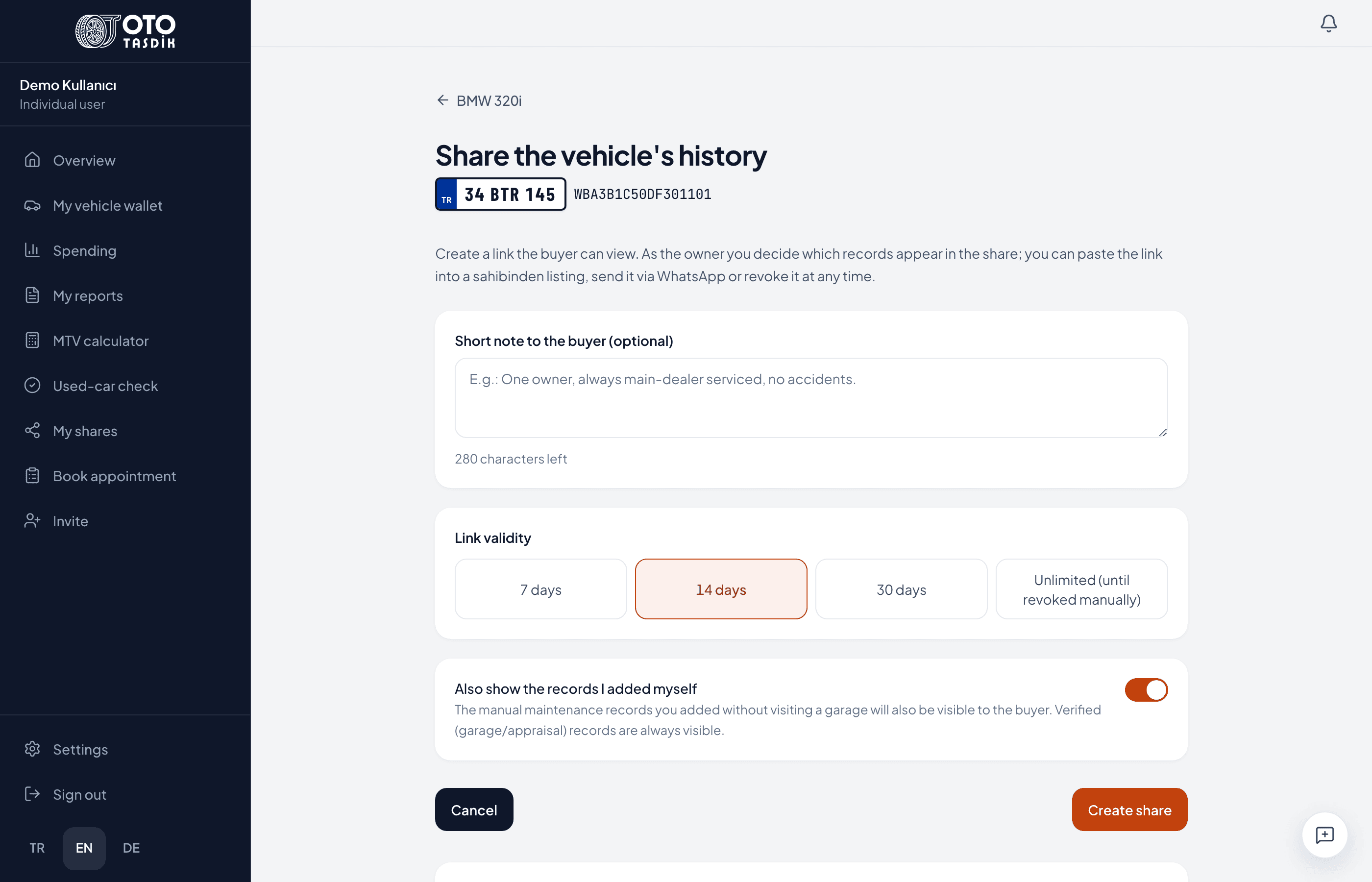 Resale sharing: a note to the buyer, link duration (7, 14 or 30 days, or until revoked) and the switch for your own records.