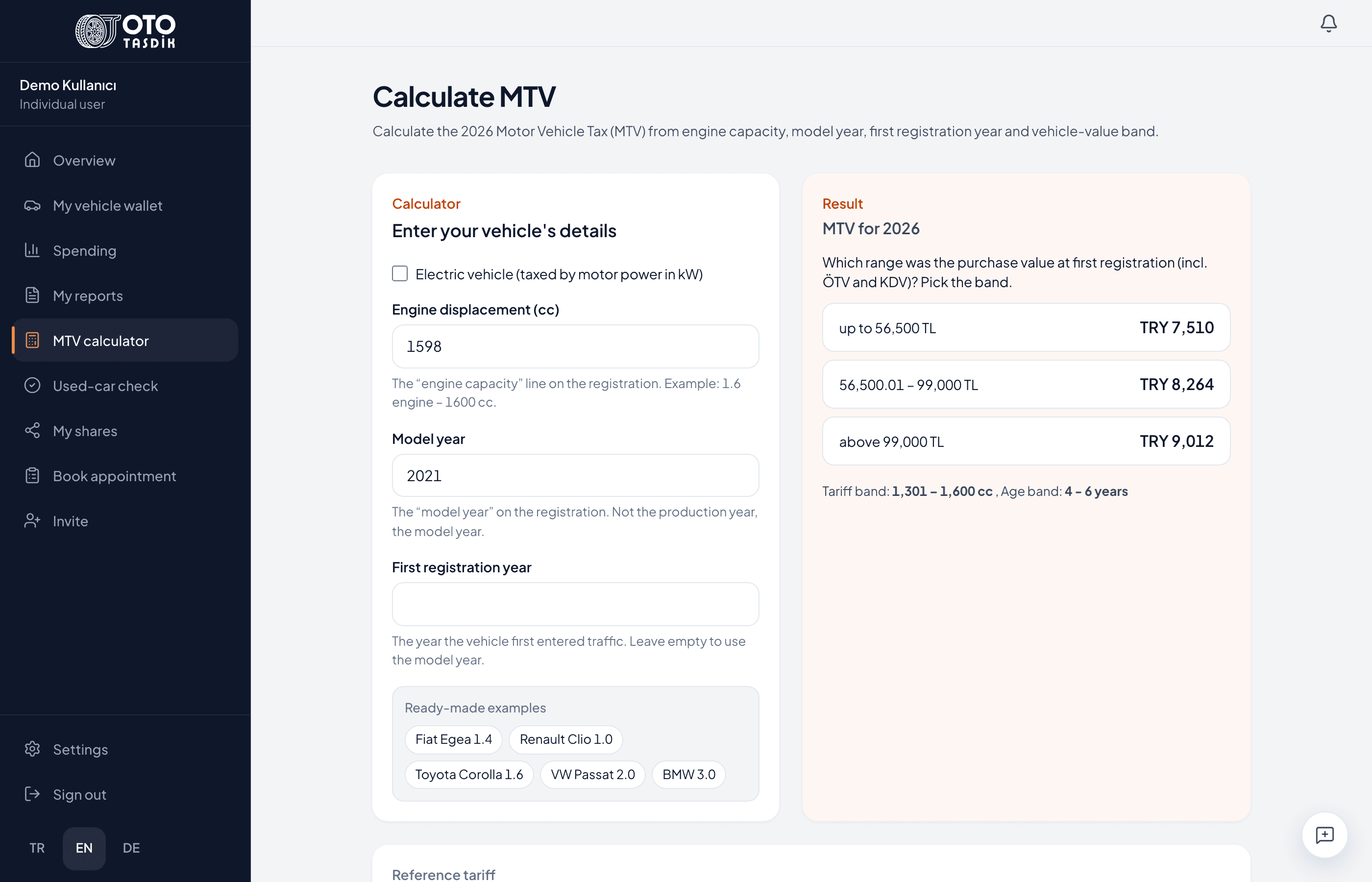MTV calculator: engine size, model year and first registration fields, with the 2026 result.