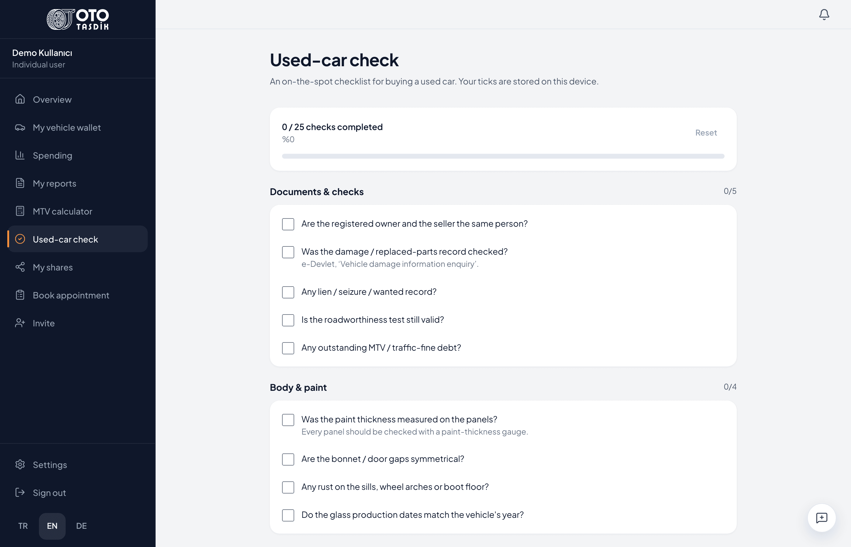Used-car check: a tickable checklist under documents and checks, and body and paint.