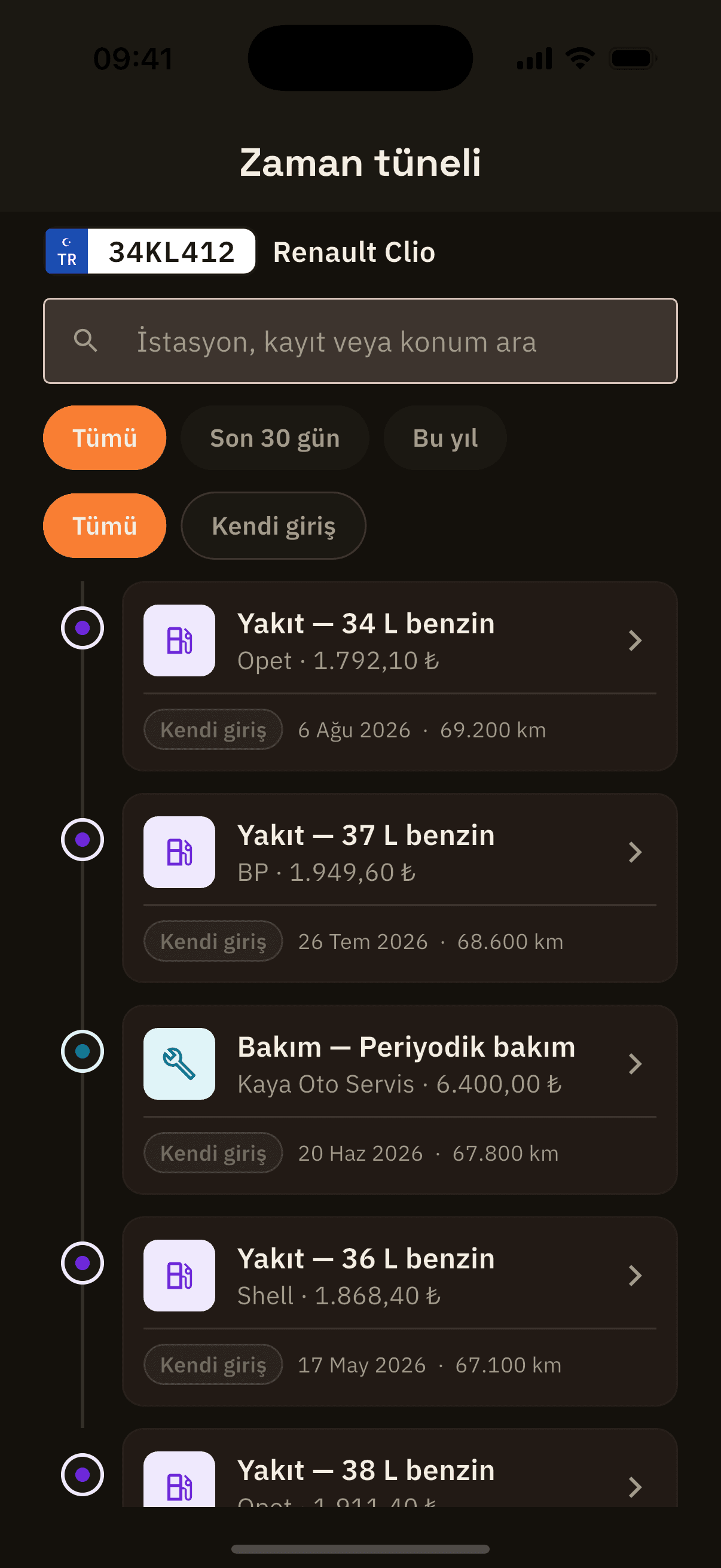 OtoTasdik timeline — records with date, odometer and a source badge.