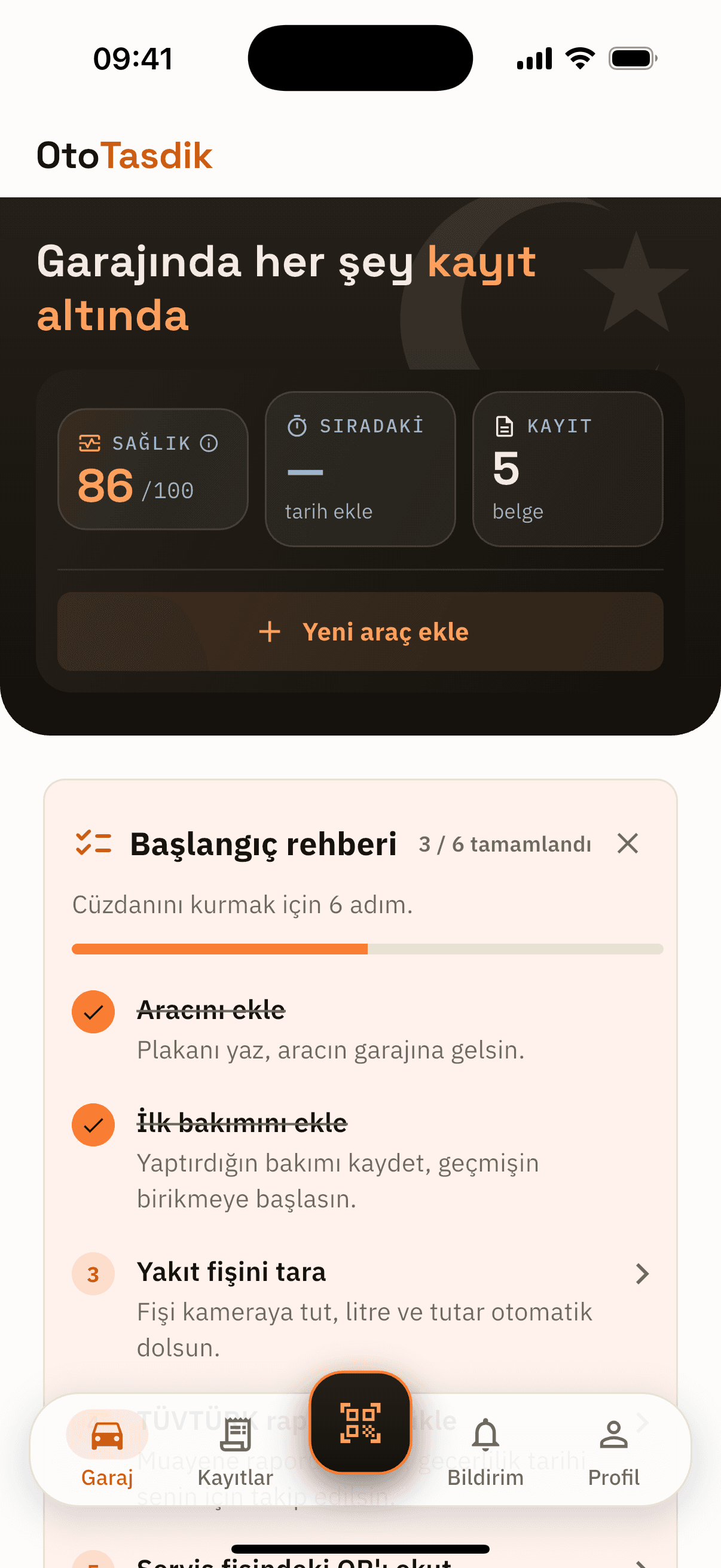 OtoTasdik garage screen — health score, next service due and record count.